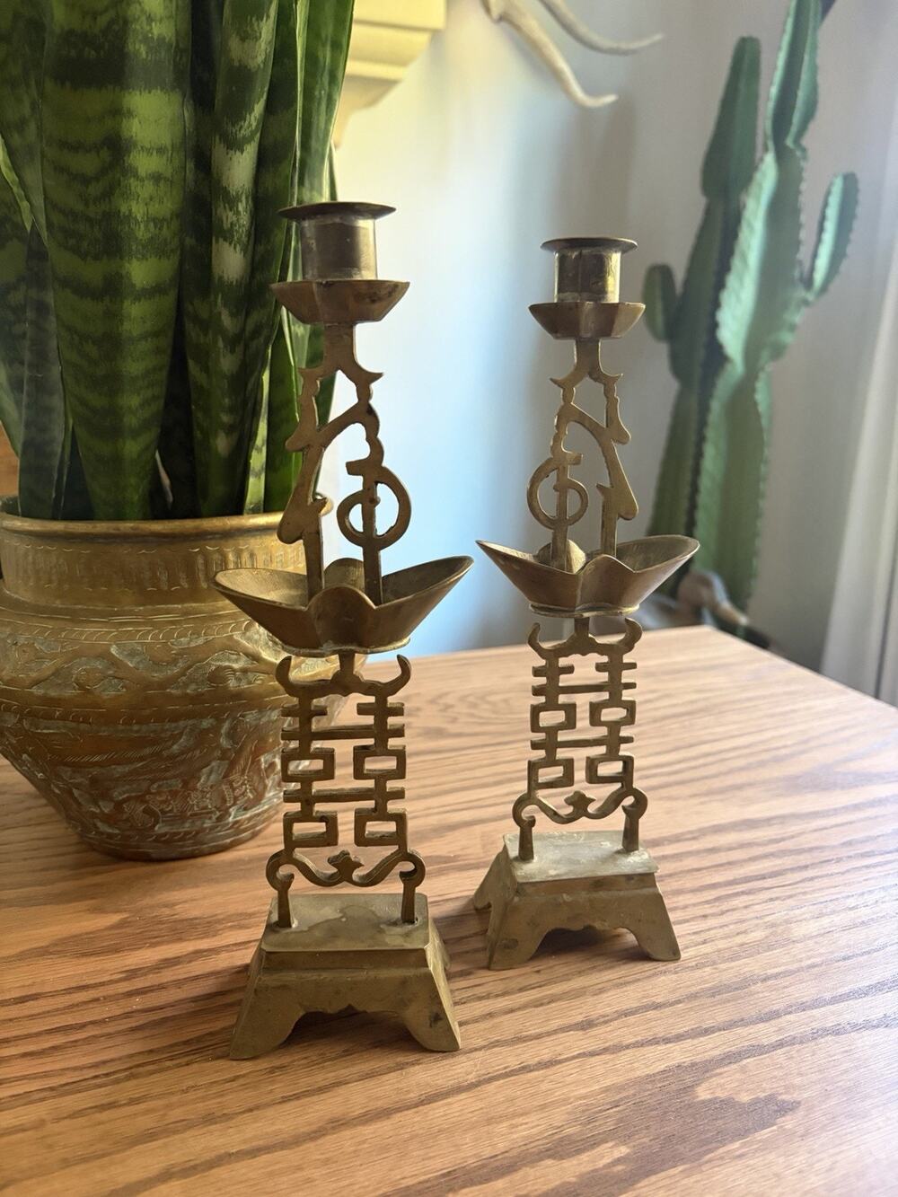 Vintage Chinese Brass Candle Holder Set of 2 Double Happiness Symbol 11" Tall